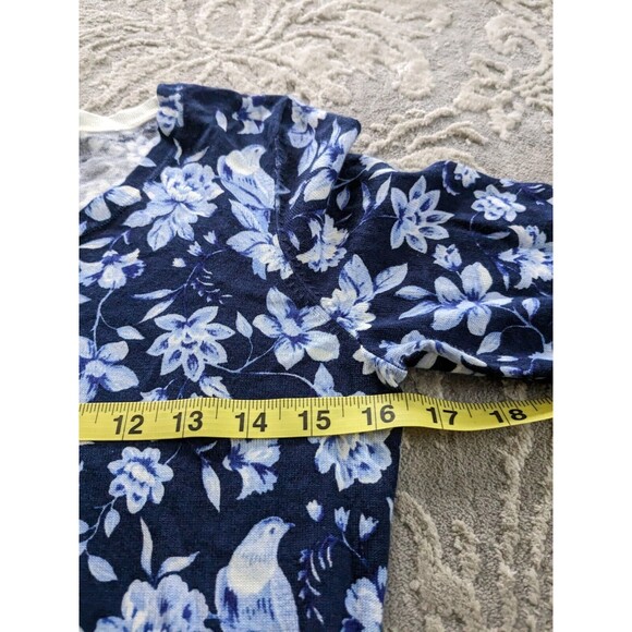 Talbots Sweater Women's sz P (XS) Petite India Ink Blue Bird Floral Toile Scoop - Picture 12 of 13